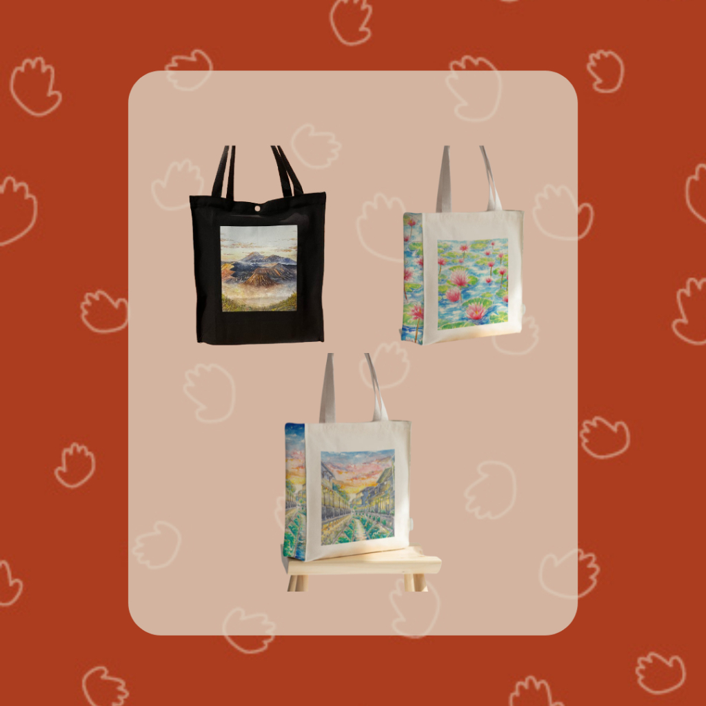 DariKota totebag kanvas aneka gambar gunung bromo bunga teratai kanal kayutangan merchandise waterco