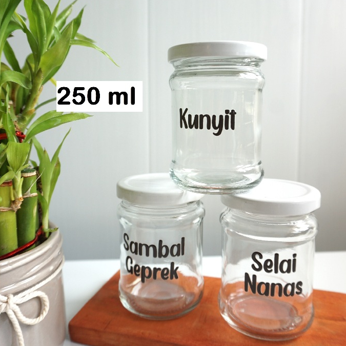 Toples atau Jar Kaca Bumbu Dapur Serbaguna Kapasitas 250ml Tutup Stainless Ulir Dilengkapi Dengan St