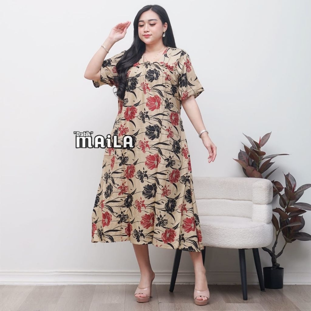 Daster Murah Fuji Rayon Jumbo Midi Dress Lengan Pendek Kerut Dada