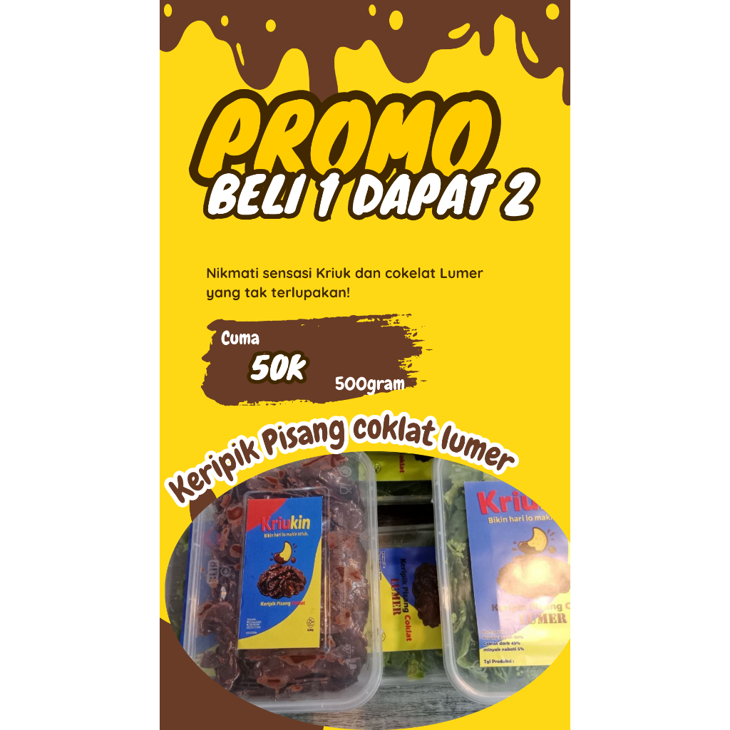 

[Promo beli 1 dapat 2 kemasan 500gr] kripik pisang Kepok coklat lumer camilan sehat, snack kekinian