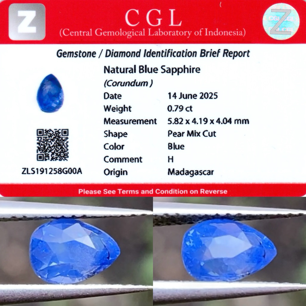0,79 cts Natural Blue Sapphire origin Madagascar Heat Only Memo CGL