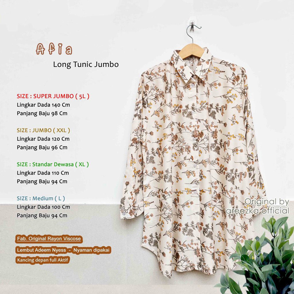 AFIA | KEMEJA TUNIK MOTIF JUMBO BUNGA BUNGA RAYON VISCOSE XXL 5L BY AREEZKA