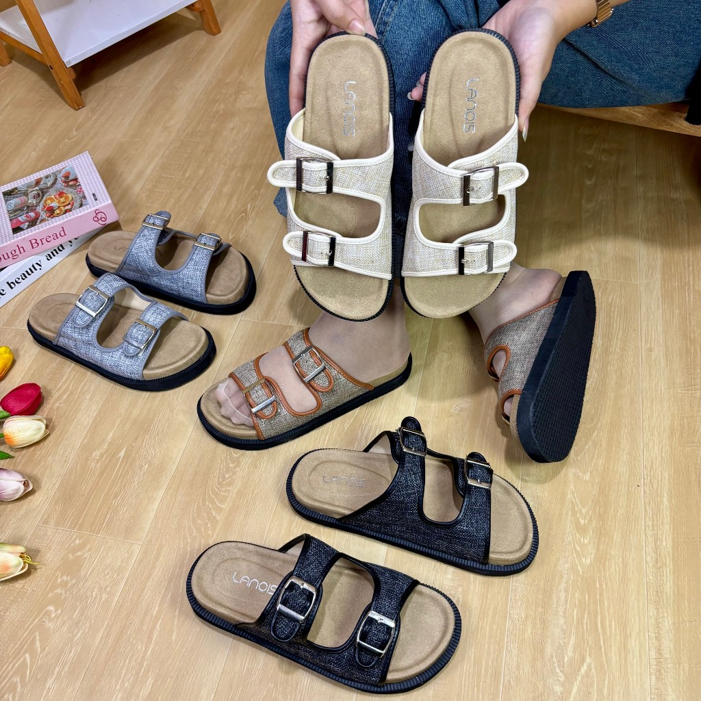 LANOIS -  Sepatu Sandal Wanita Selop Gesper Motif Rajut Canvas NEW VERSION