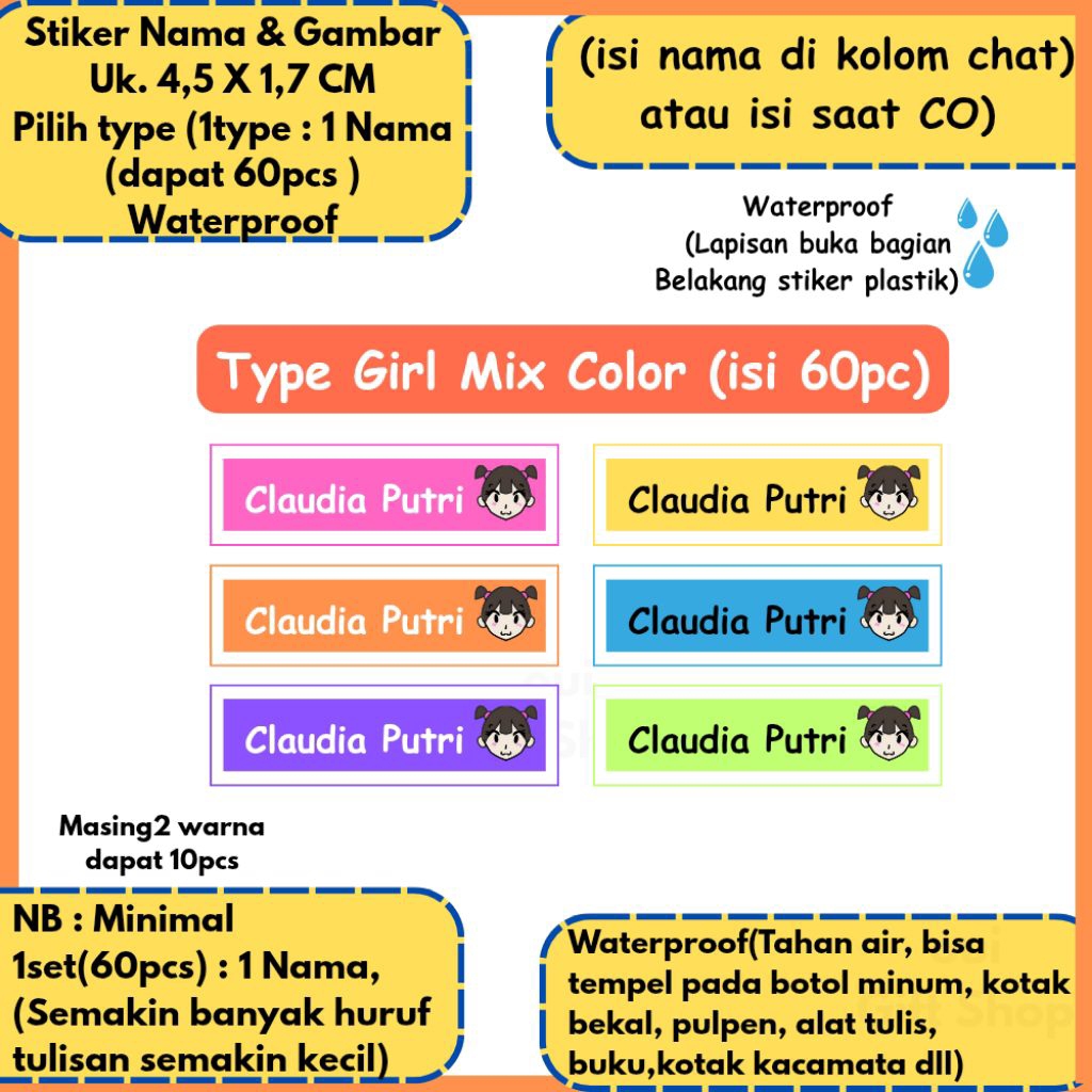 

Stiker Nama Waterproof Anti Air Isi 60pcs / Sticker Label Buku Pelajaran Sekolah / Stiker Perlengkapan Sekolah / Stiker Botol Minum