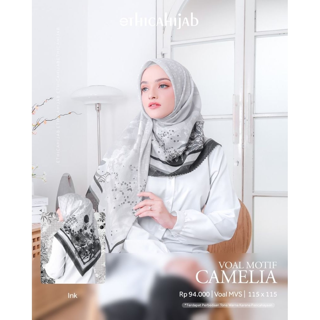 VOAL MOTIF CAMELIA || HIJAB SEGI EMPAT ORIGINAL ETHICA