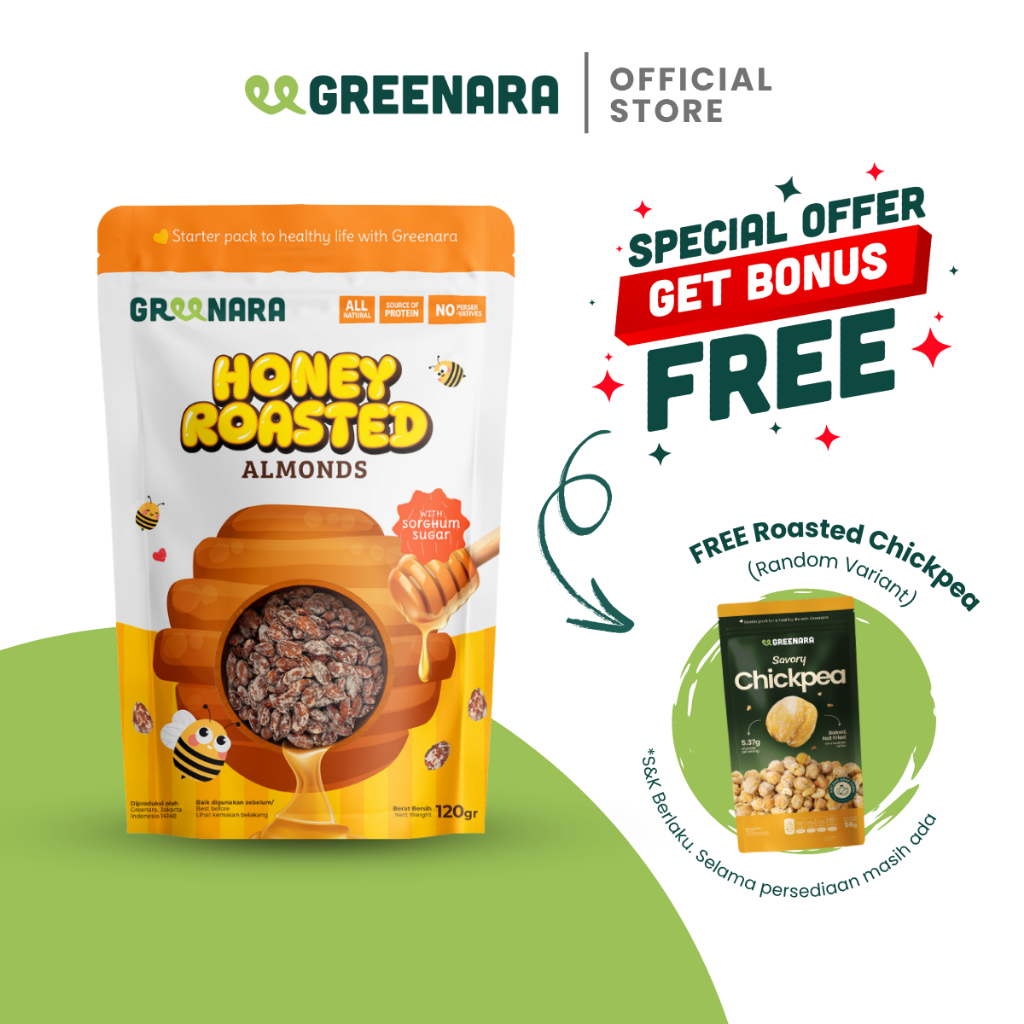 

Greenara Natural Honey Roasted Almonds 120gr Low Calorie (160cal / Serv) / Snack Kacang Sehat Alami