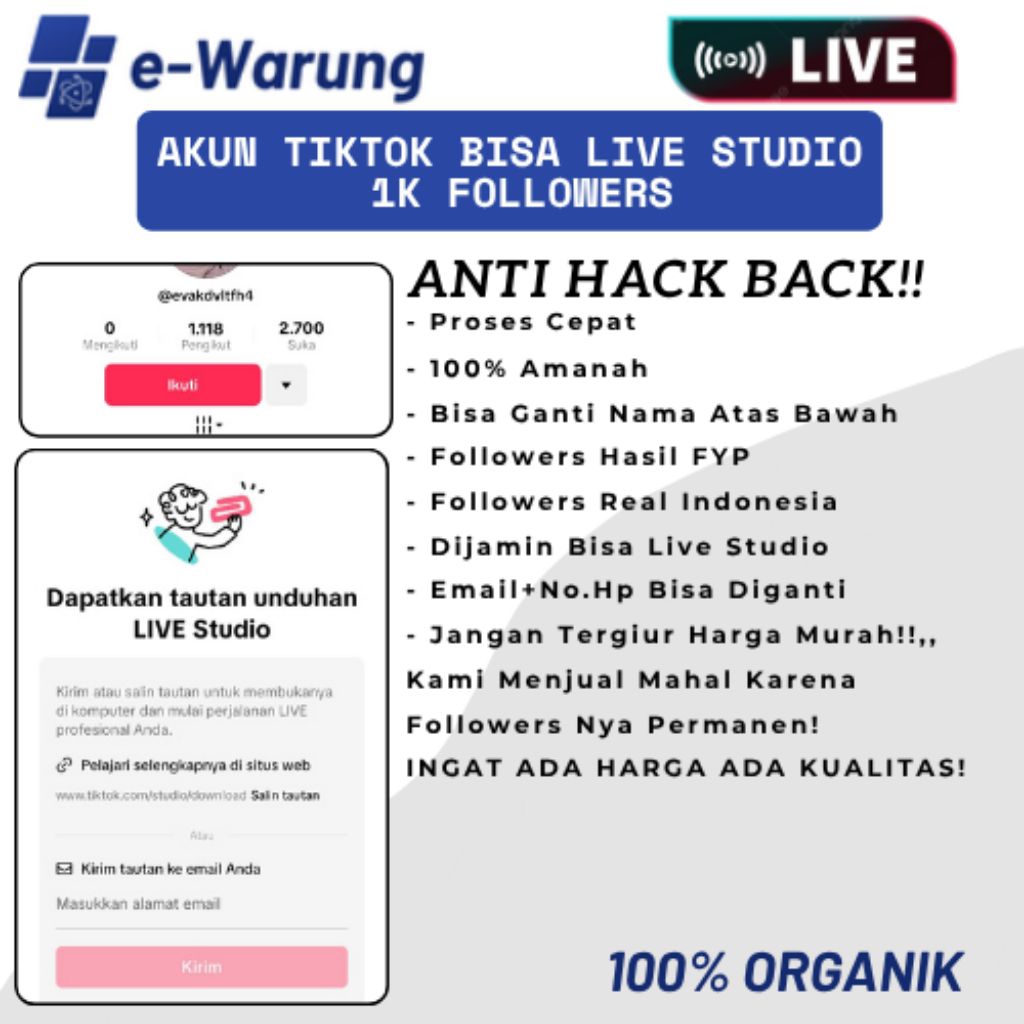 AKUN TIKTOK BISA LIVE STUDIO FOLLOWERS INDONESIA