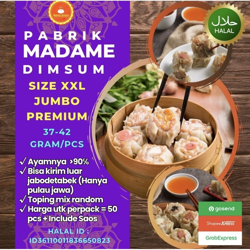 

DIMSUM JUMBO XXL 38-42 gram.. frozen food Dimsum Ayam Halal.. HARGA perpack Isi 50 pcs.. Include Saos..