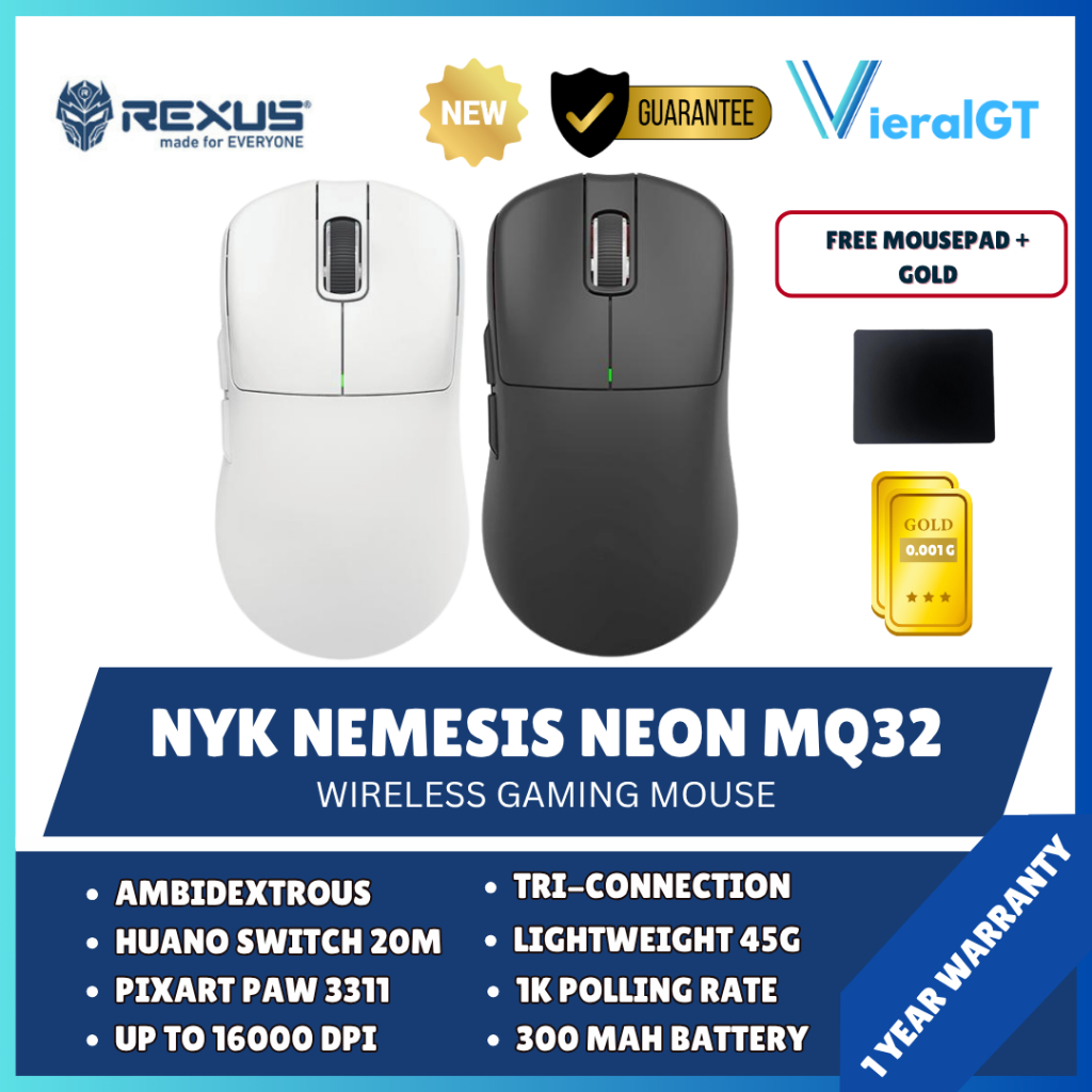 NYK Nemesis Neon MQ32 / MQ-32 Mouse Gaming Ultra Lightweight PAW3311 Tri-mode Connection 45G