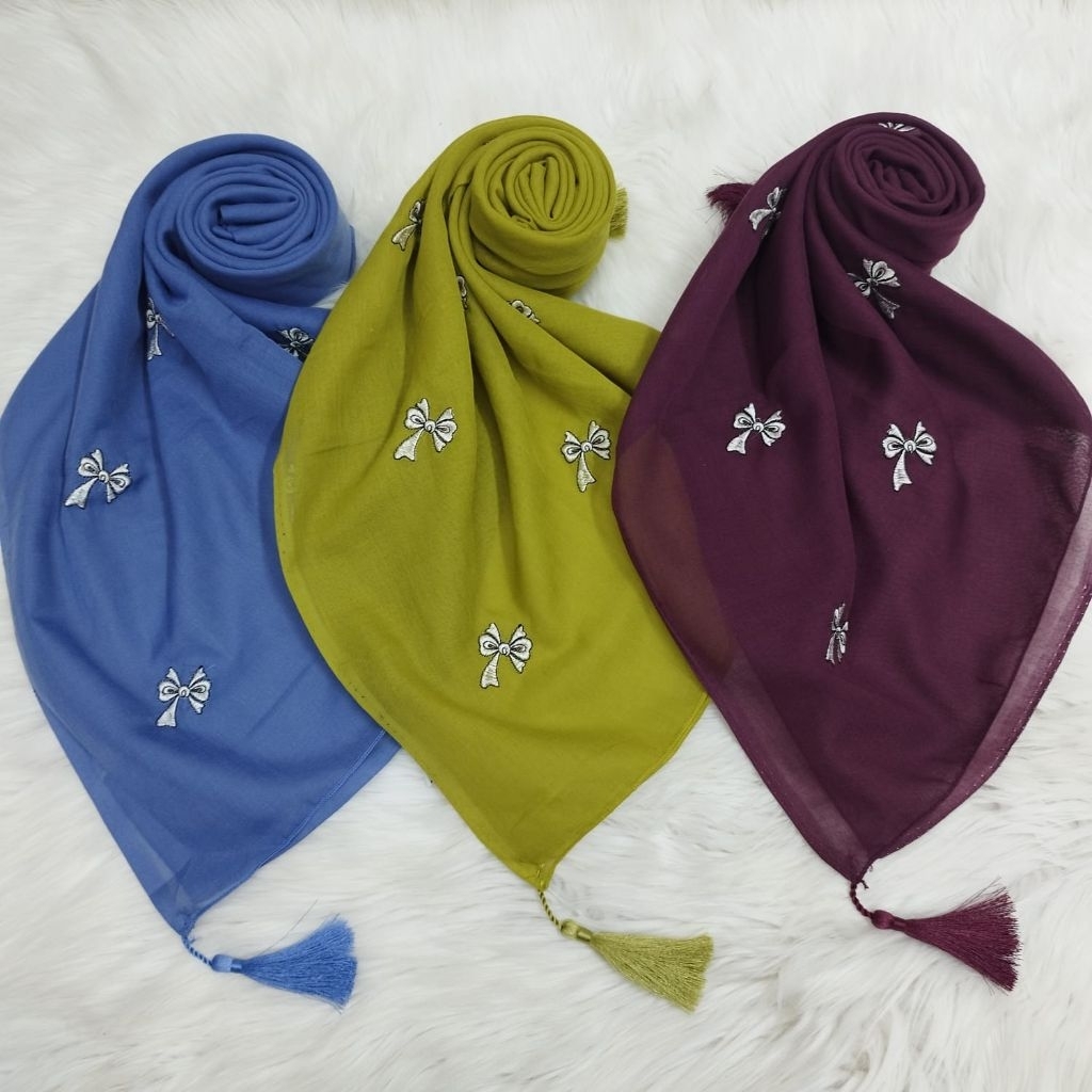 Hijab segiempat Paris Japan tasel Bordir pita Rimbbon/Jilbab segiempat Paris tasel bordir pita Rimbb