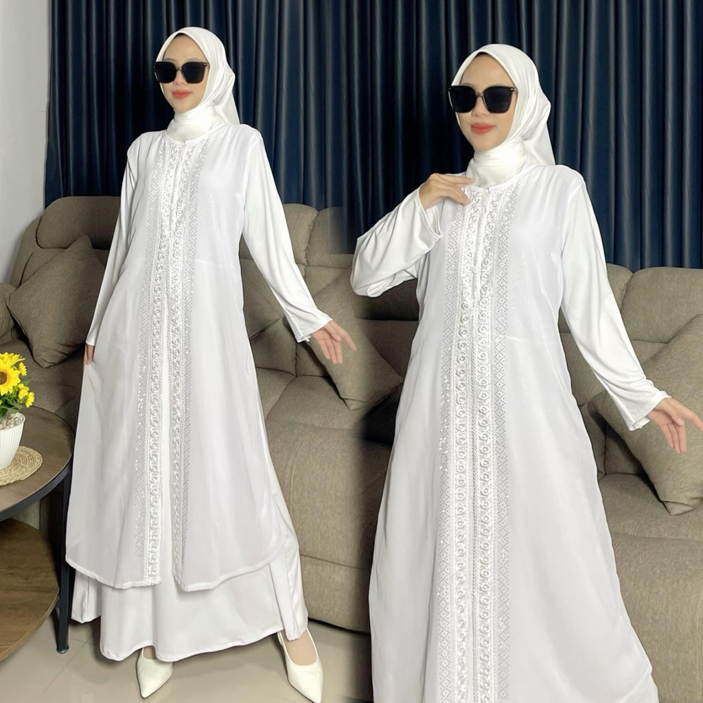 Gamis Putih Polos Elegan Bordir Mewah – Busana Muslim Wanita | Dress Syari Lebaran / Kondangan / Umr