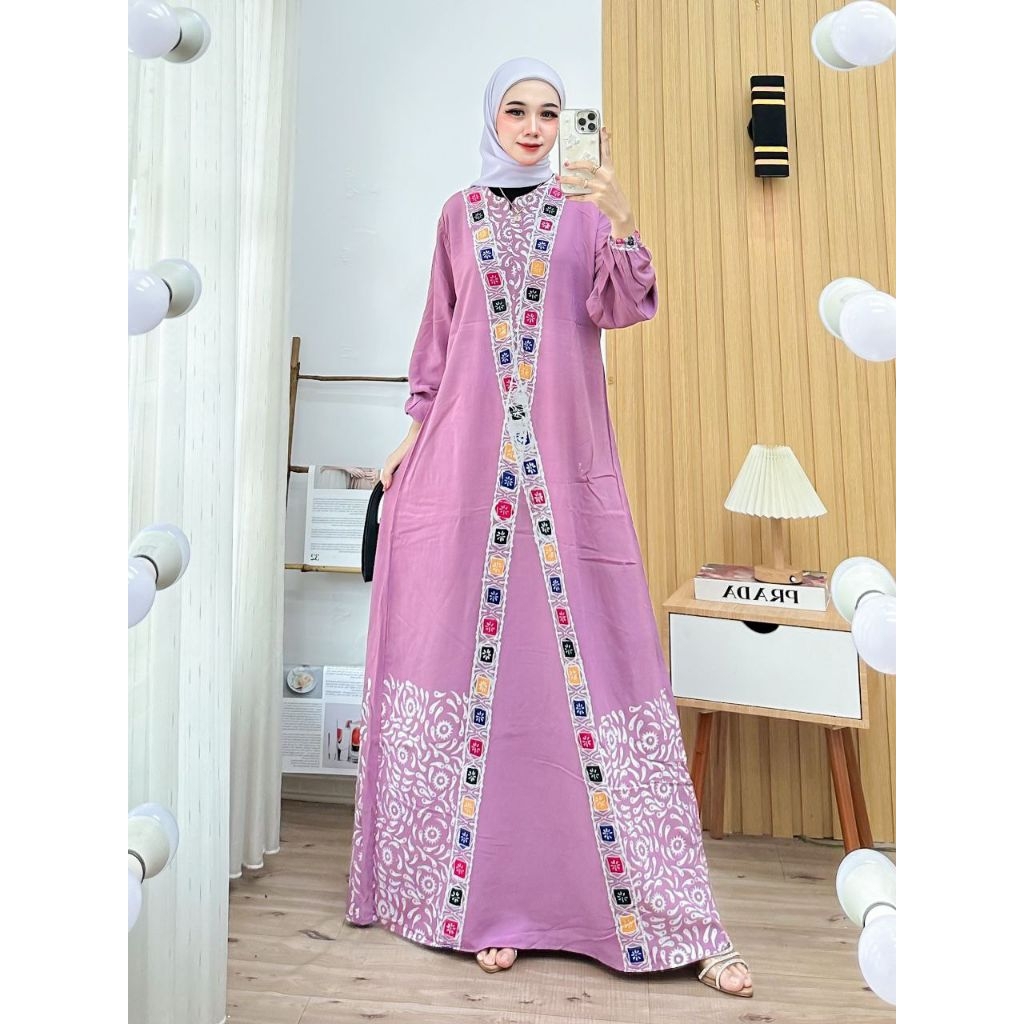Gamis Batik Encim Adem Nyaman Panjang Muslimah-Pink Silang