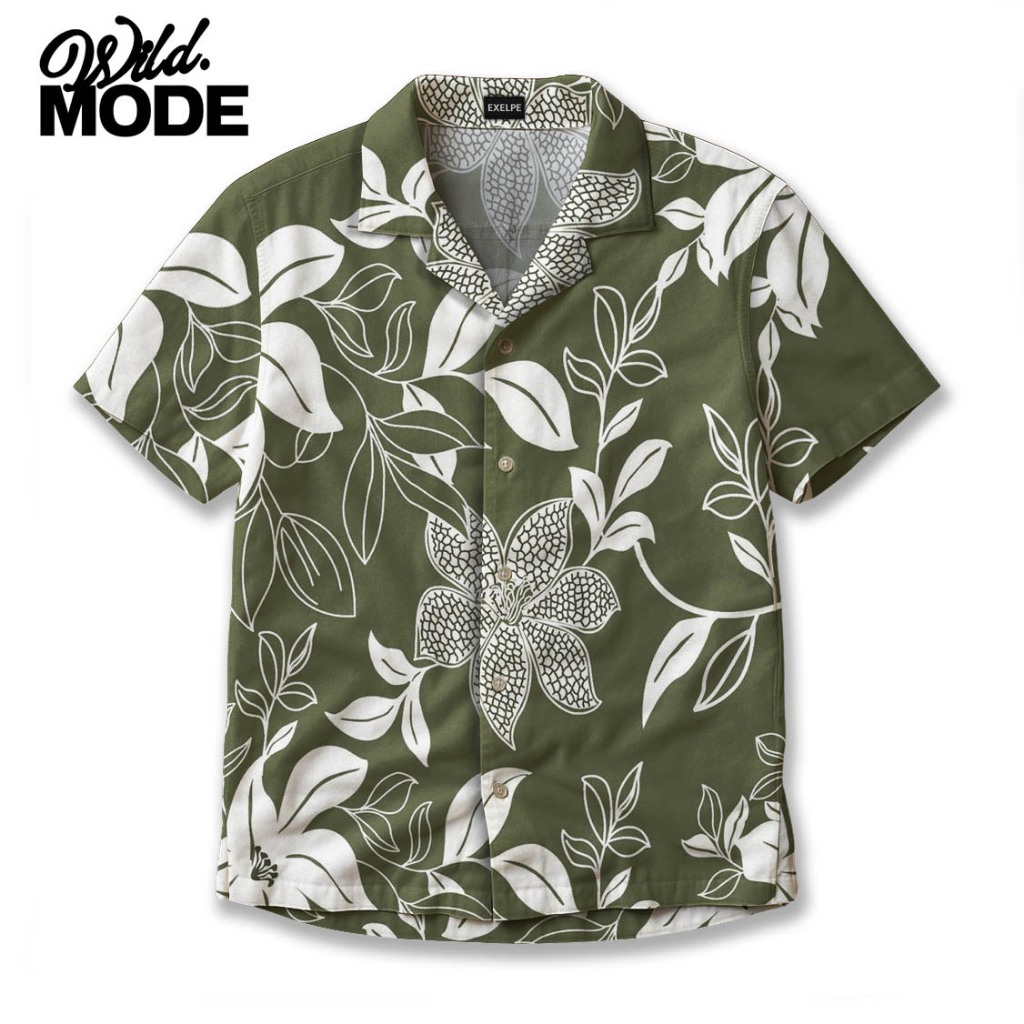 WILDMODE Kemeja Santai Lengan Pendek Pria Motif Daun dan Bunga Tropis Warna Hijau Putih Elegan | WD-