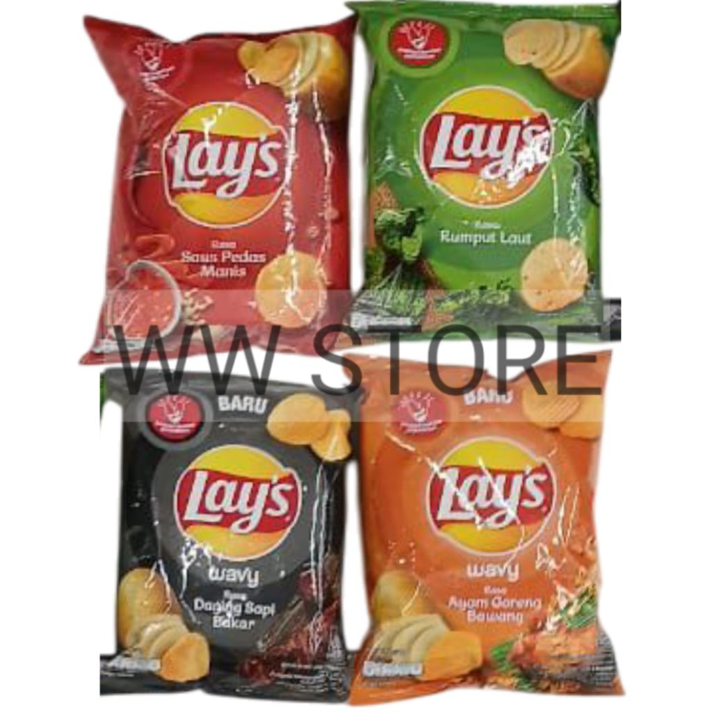 

Cemilan snek Keripik kentang rasa rumput laut saus pedas manis Wavy daging sapi bakar ayam goreng bawang Snack makanan ringan halal MUI Lay's Lays Lay 64g