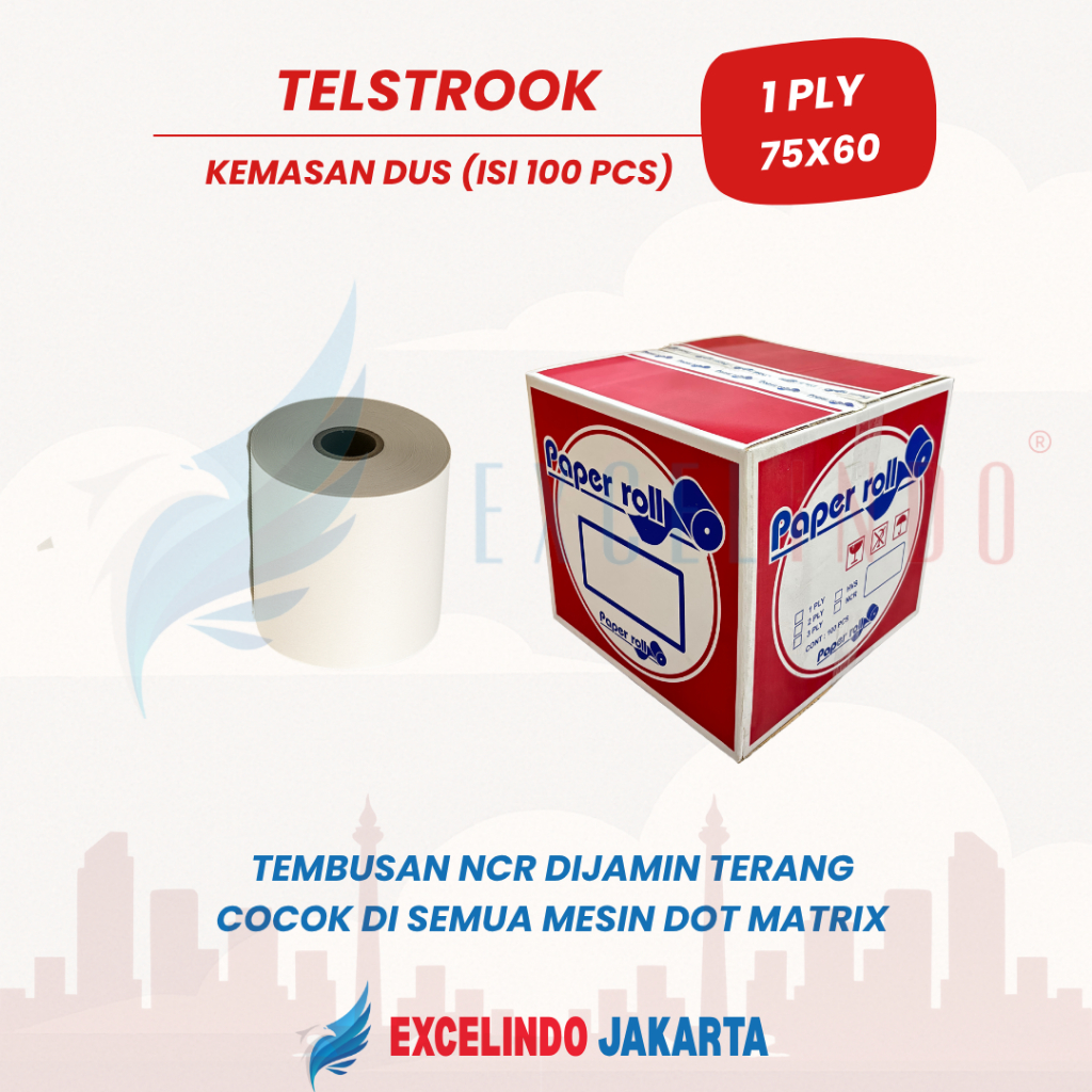 

(ISI 1 DUS/100 PCS) Telstruk / Kertas Struk / Kertas Kasir 1 ply HVS Dot Matrix 75x60 Excelindo