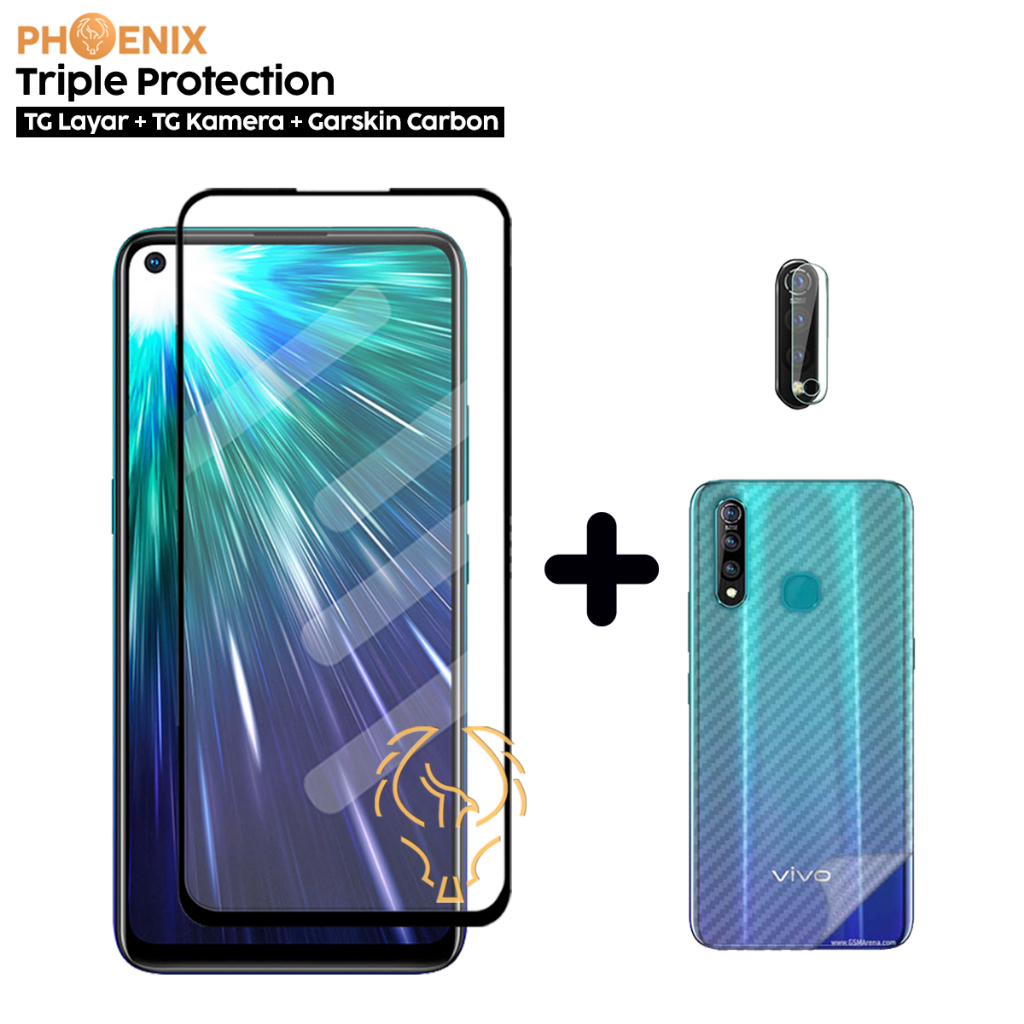 Paket 3 IN 1 Tempered Glass Vivo Z1 Pro Free Camera Lens dan Skin Carbon