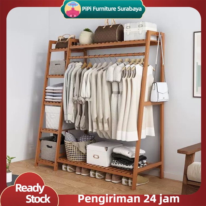 PiPi Furniture Gantungan Pakaian Kayu Gantungan Pakaian Multi-fungsi Gantungan Baju Berdiri Stand Ha