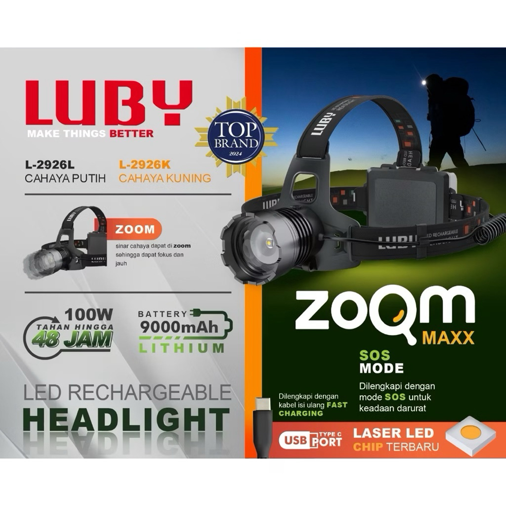 Senter Kepala Luby 100 Watt Zoom Led L 2926 Super Terang