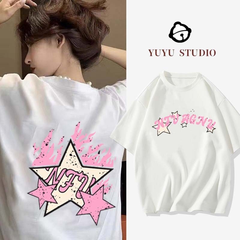 Kaos Lengan Pendek Motif Api Bintang Gaya Jalanan Gaya Amerika | Baju Kaos Oversize Couple | Kaos Wa