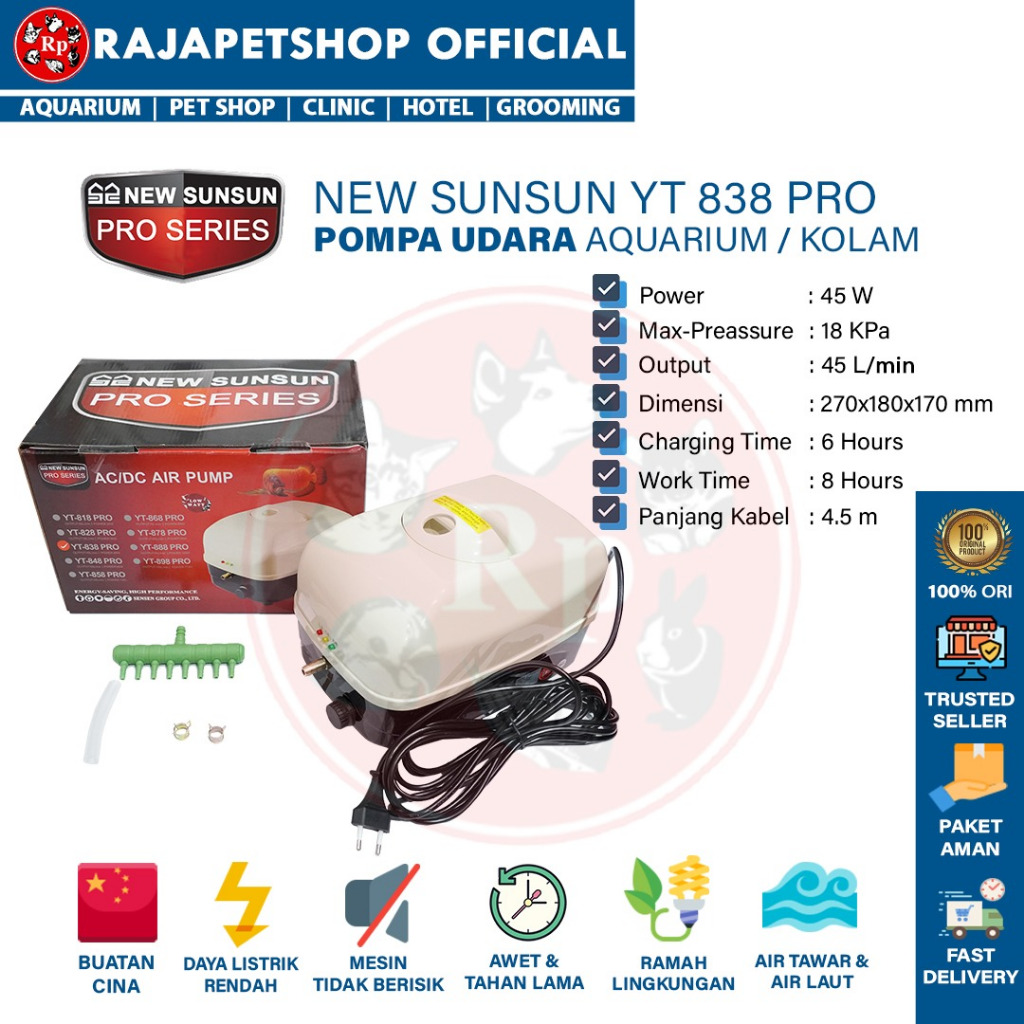 NEW SUNSUN AC DC AIR PUMP YT 838 PRO AERATOR KOLAM AQUARIUM