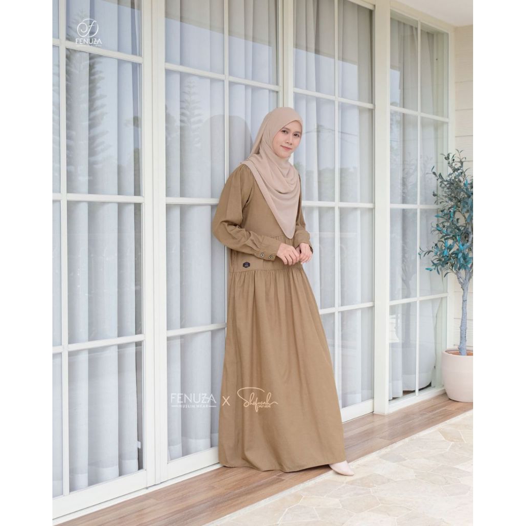 [Agen Resmi] Sherly Dress by Fenuza Muslim Wear Gamis Only Bahan Soft Denim Busui & Wudhu Friendly