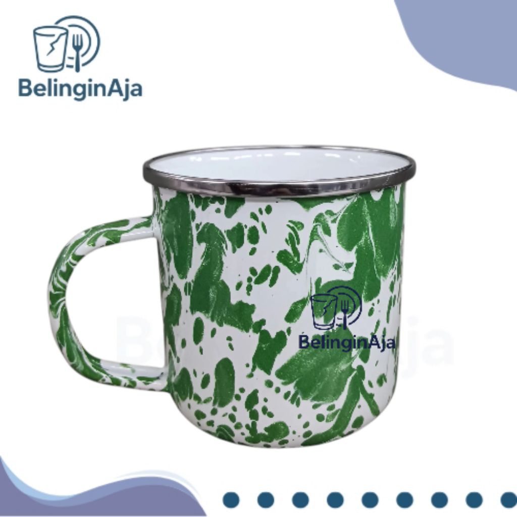 Gelas Mug Enamel Motif Loreng Marble 9cm Hijau Tua Cangkir Kopi Klasik