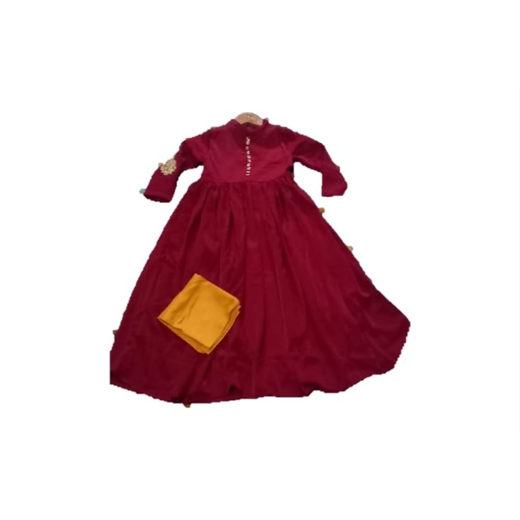 Dress pesta anak gaun sari india perempuan merah marun gratis jilbab