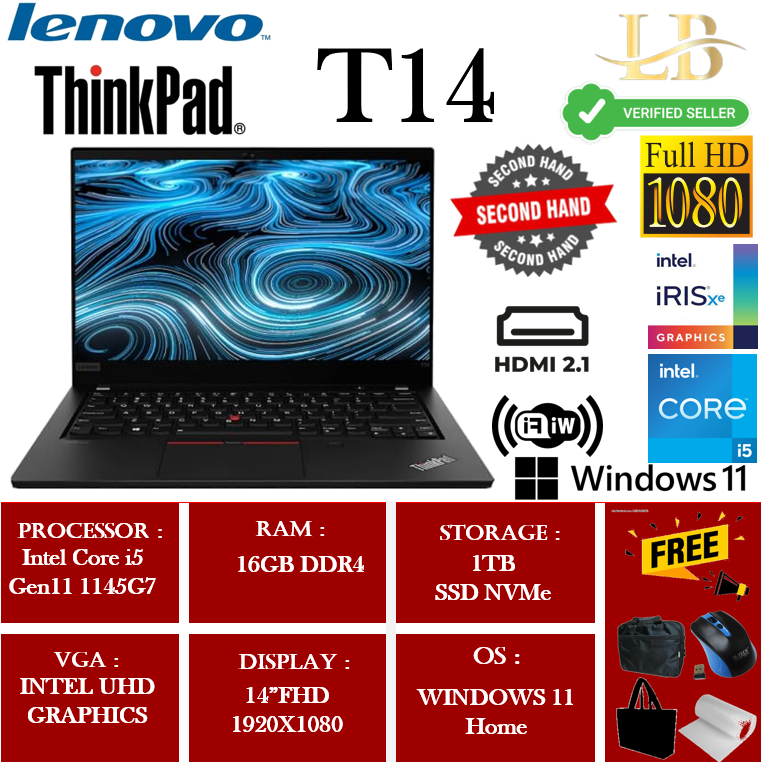 Laptop Lenovo Thinkpad T14 Intel i5 1145G7 16GB 1TB SSD 14"FHD Win11Home
