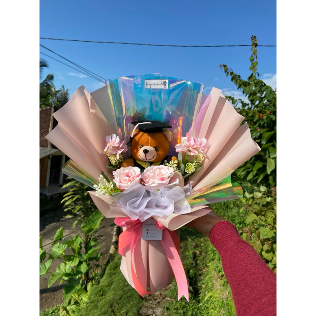 buket boneka/buket boneka dan bunga/buket pink/buket hadiah/buket gift/bouquet bunga dan bonek/buket