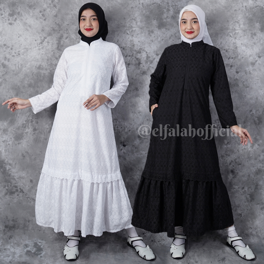 Gamis Rempel Safina Bahan Katun Hitam Putih Bordir Premium