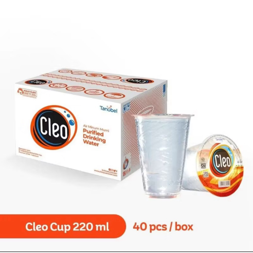 

1 KOTAK CLEO CUP 220 ML ISI 40 CUP. 100% BARU BERSEGEL ORI CLEO SNI.