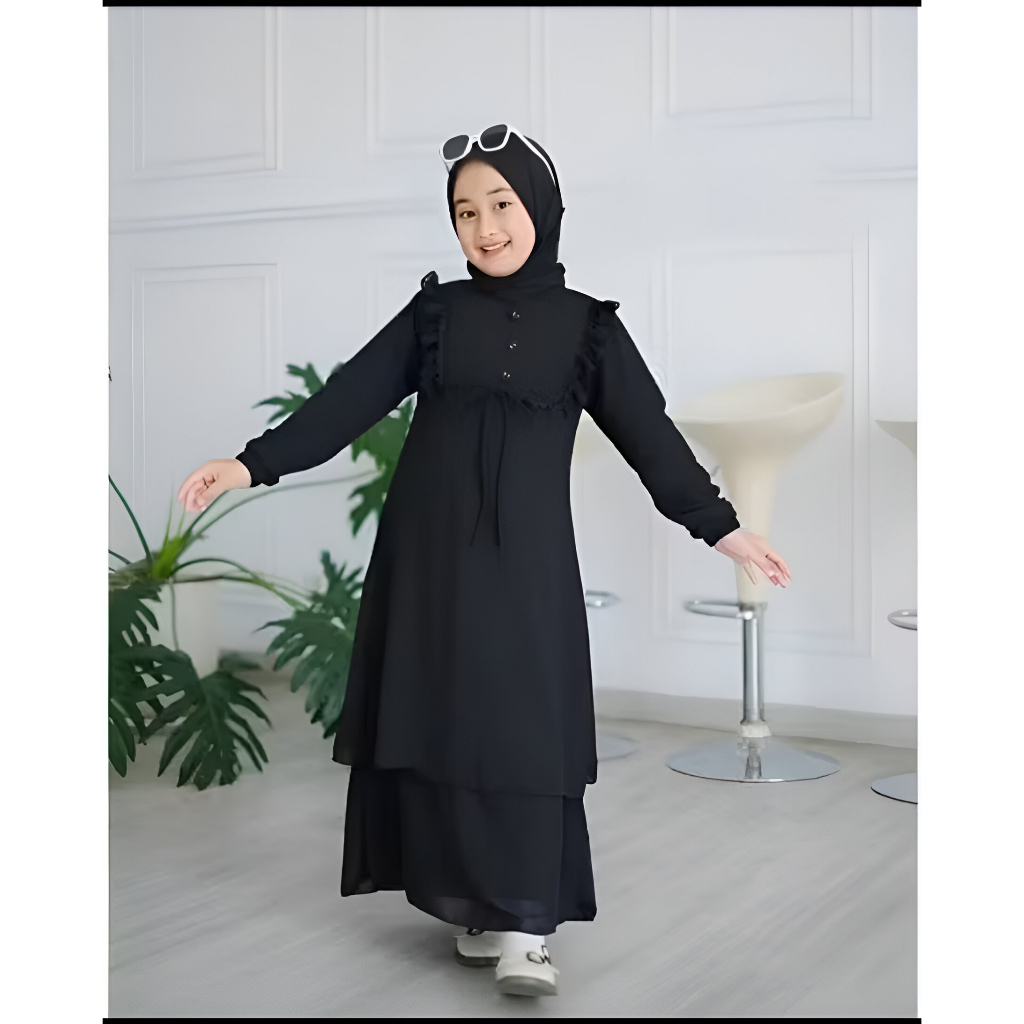 favorit h02 gamis busana muslim anak 3-13 thn warna hitam - putih terbaru bahan ceruti babydoll