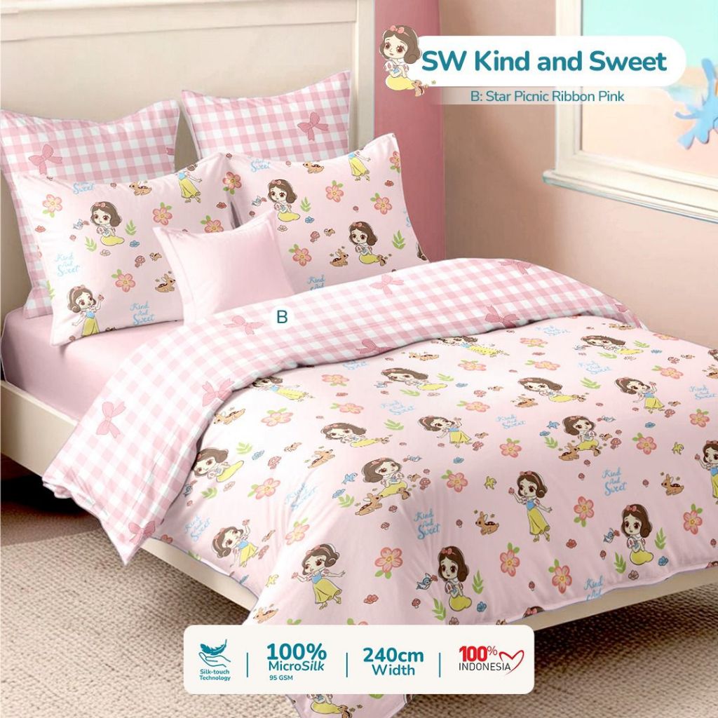 Sprei Mikro Silk Motif Snow White Princess - Sprei anak cewe pink kuning