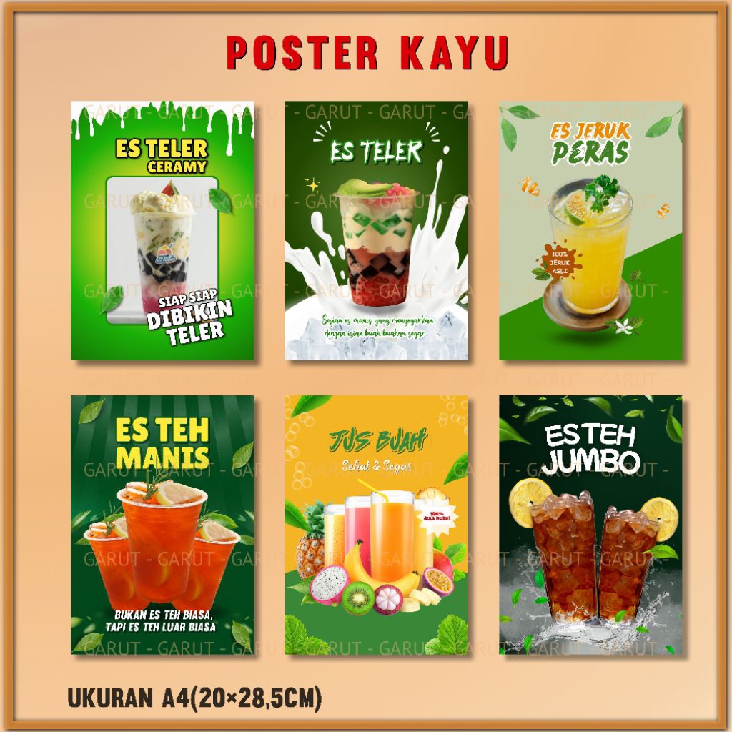 poster kayu mdf menu minuman es teh manis es teler es jeruk hiasan dinding aesthetic