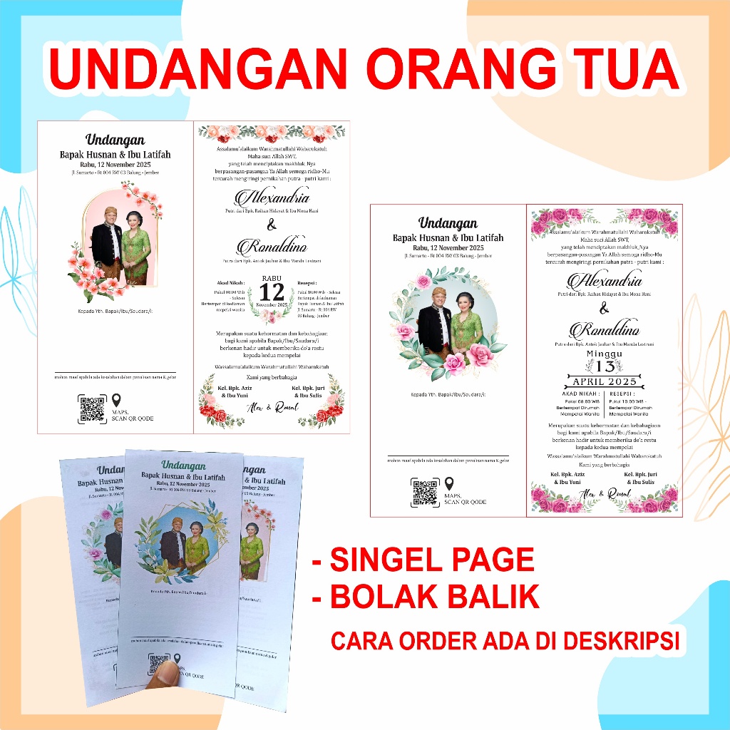 Undangan pernikahan untuk Orang tua dengan Foto 1 lembar bolak balik | singel page