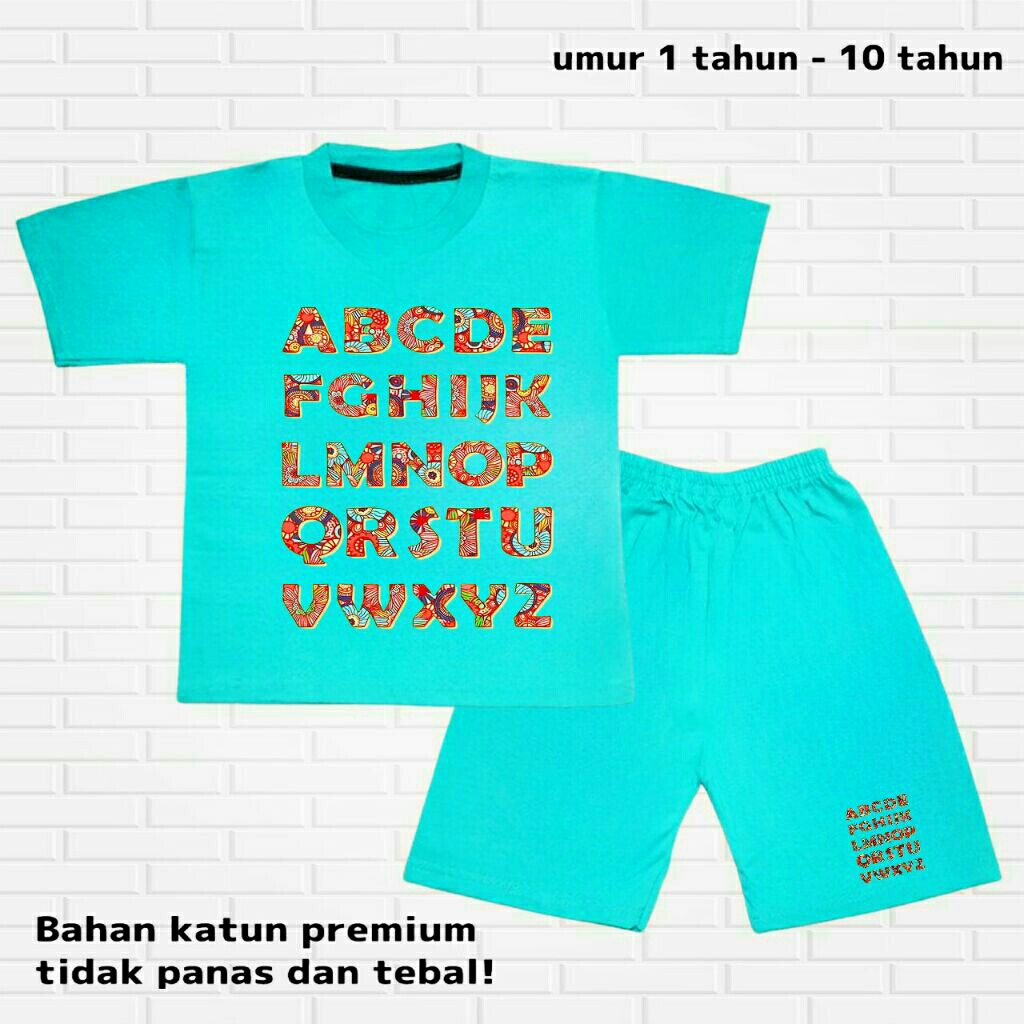 Kaos setelan katun premium anak-anak cowok/cewek murah, bermotif huruf ABC batik , dari umur 1-10 ta