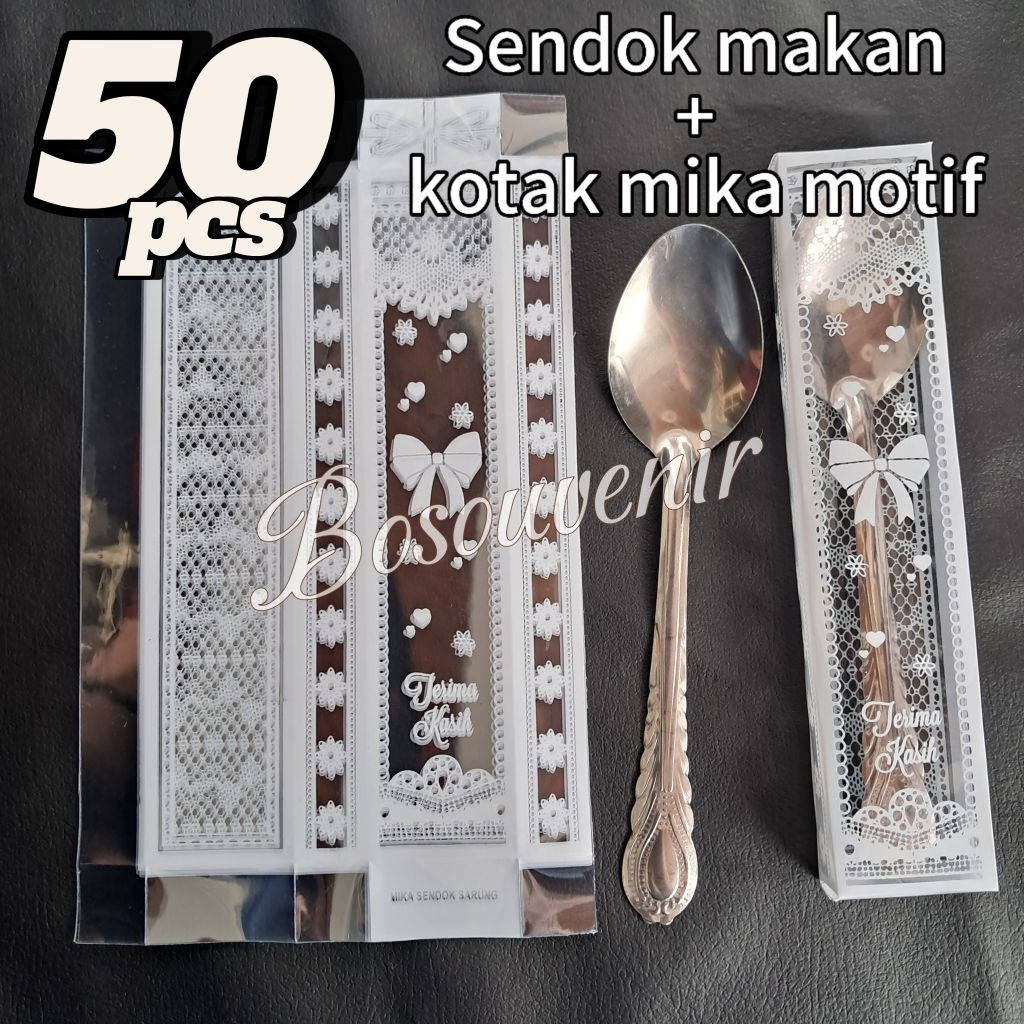 Grosiran Souvenir 50 pcs Sendok makan Stainless + kotak Mika motif lembaran