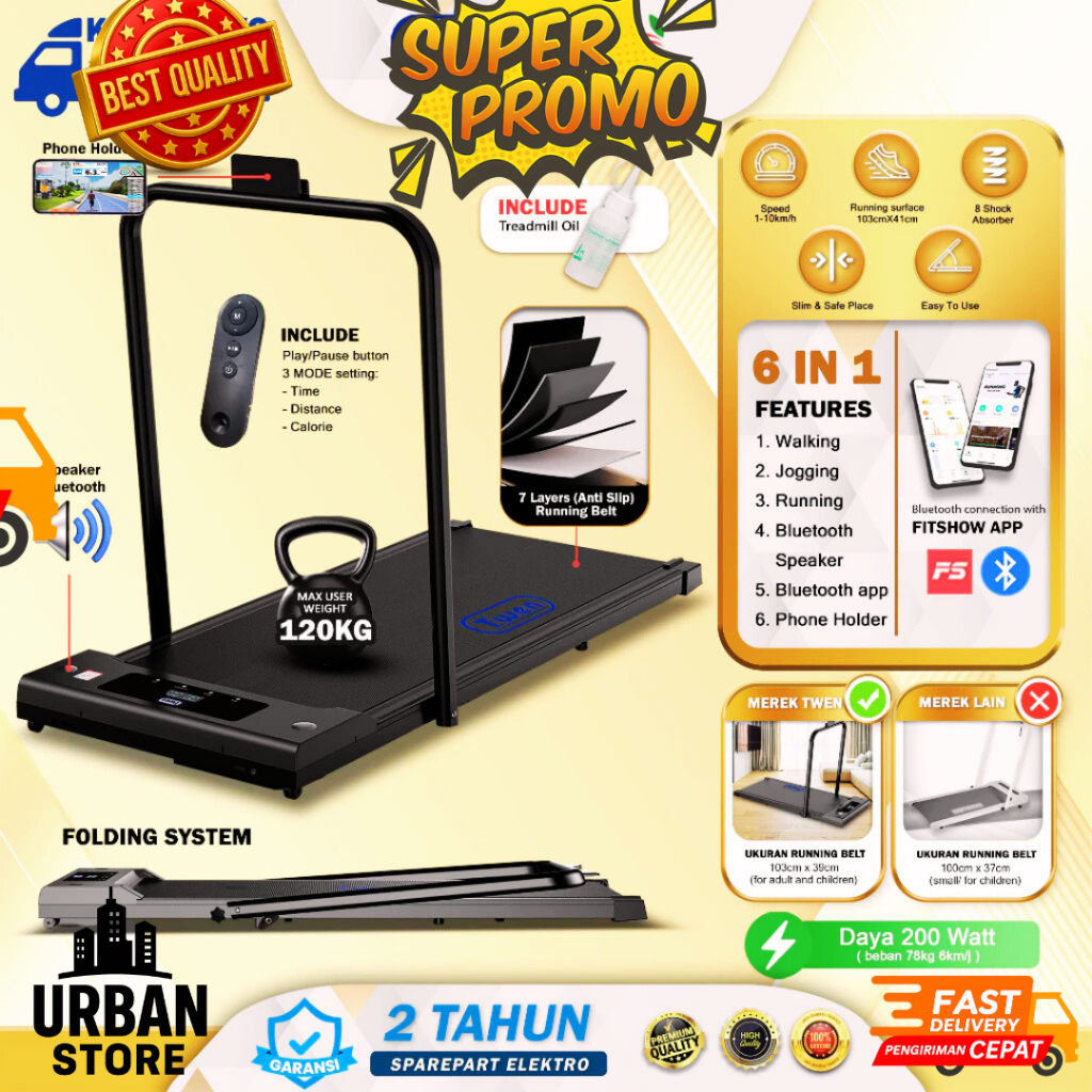 URBANS Treadmill Electric Low Watt Running Pad Walking Pad Alat Olahraga Treadmill Portable