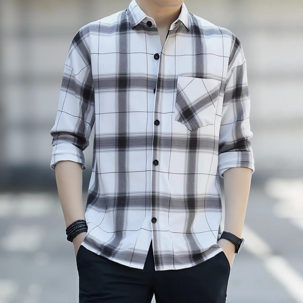 kemeja lengan panjang pria flanel korean style