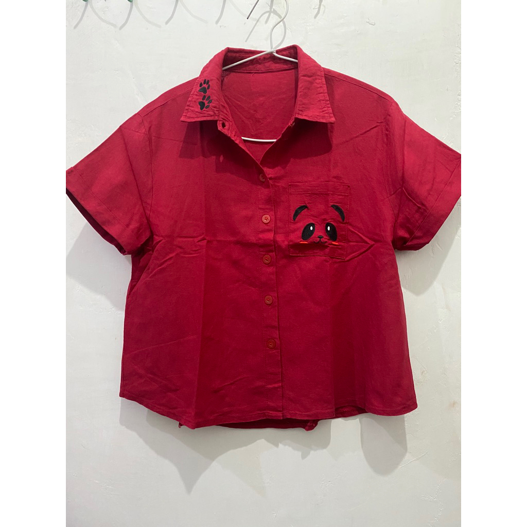 ATASAN KEMEJA WANITA WARNA MAROON BORDIR CROP TOP