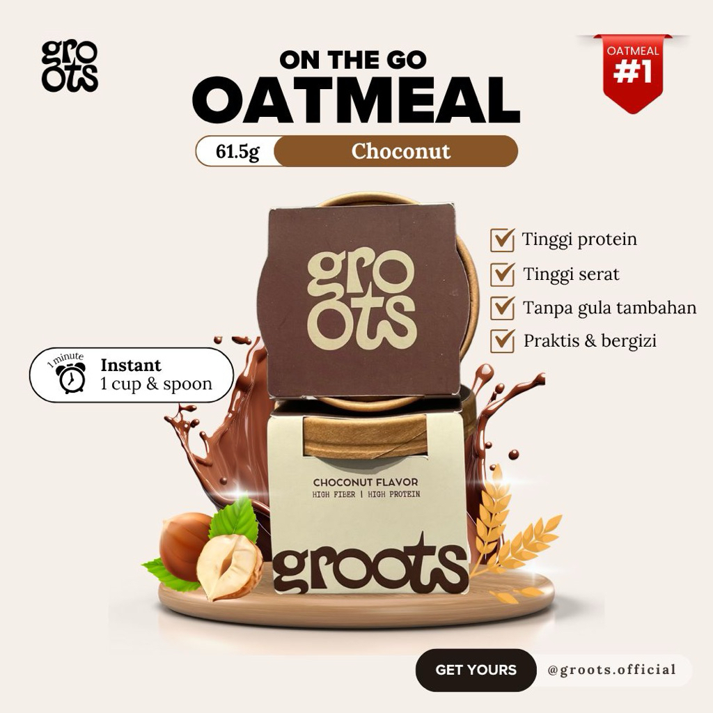 

Groots On-The-Go Oatmeal (Instant Oatmeal Cup) - Choconut | High Protein | High Fiber I No Added Sugar