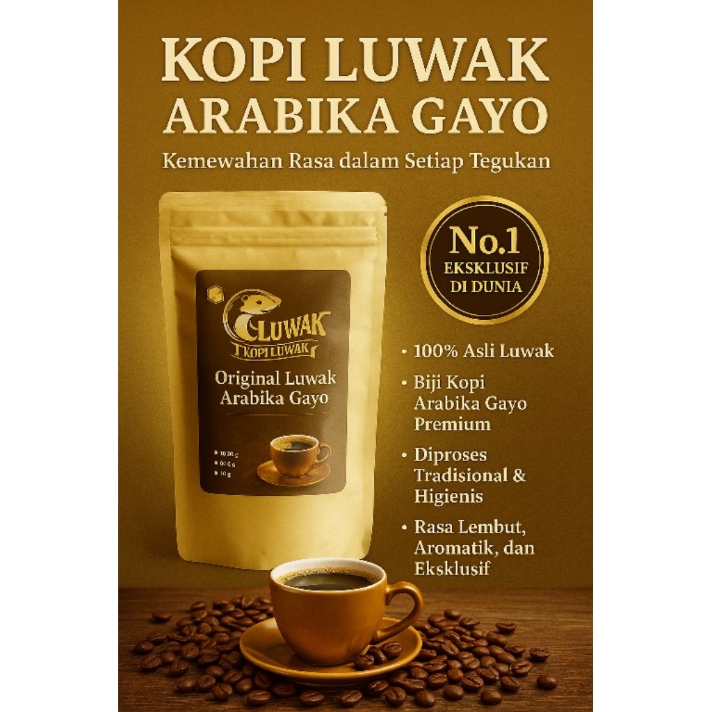 KOPI LUWAK LIAR ARABIKA GAYO ACEH ASLI ARABICA PREMIUM 250gram BIJI ROASTBEAN & BUBUK HALUS MURNI.
