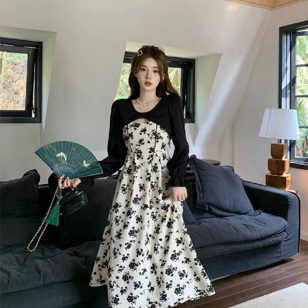 Gaun Teh One set dress panjang floral motif bunga  Motif Bunga Kecil Retro Dress dress bunga dress k