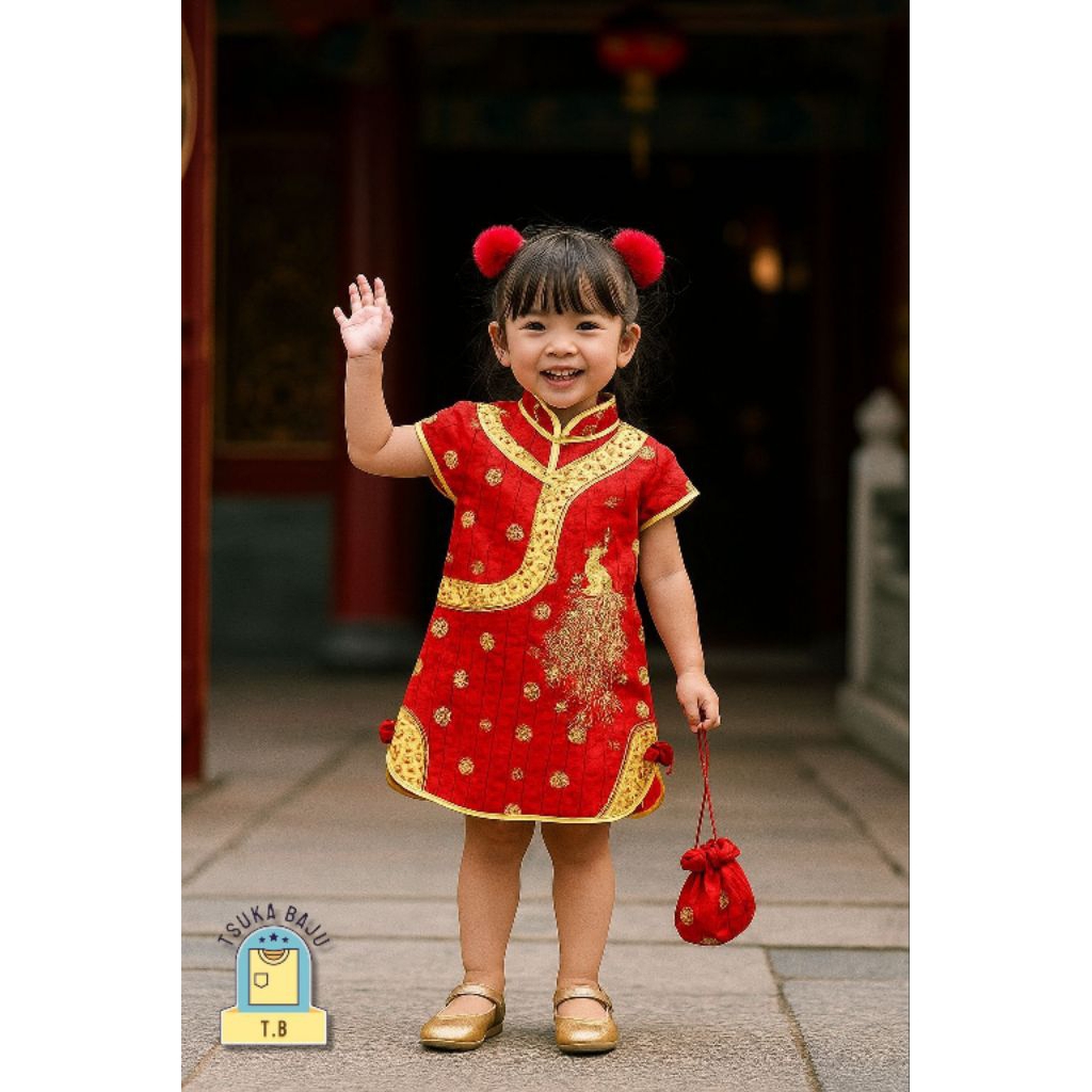 BAJU CINA Dress Terusan Merak Anak Perempuan CHEONGSAM IMLEK