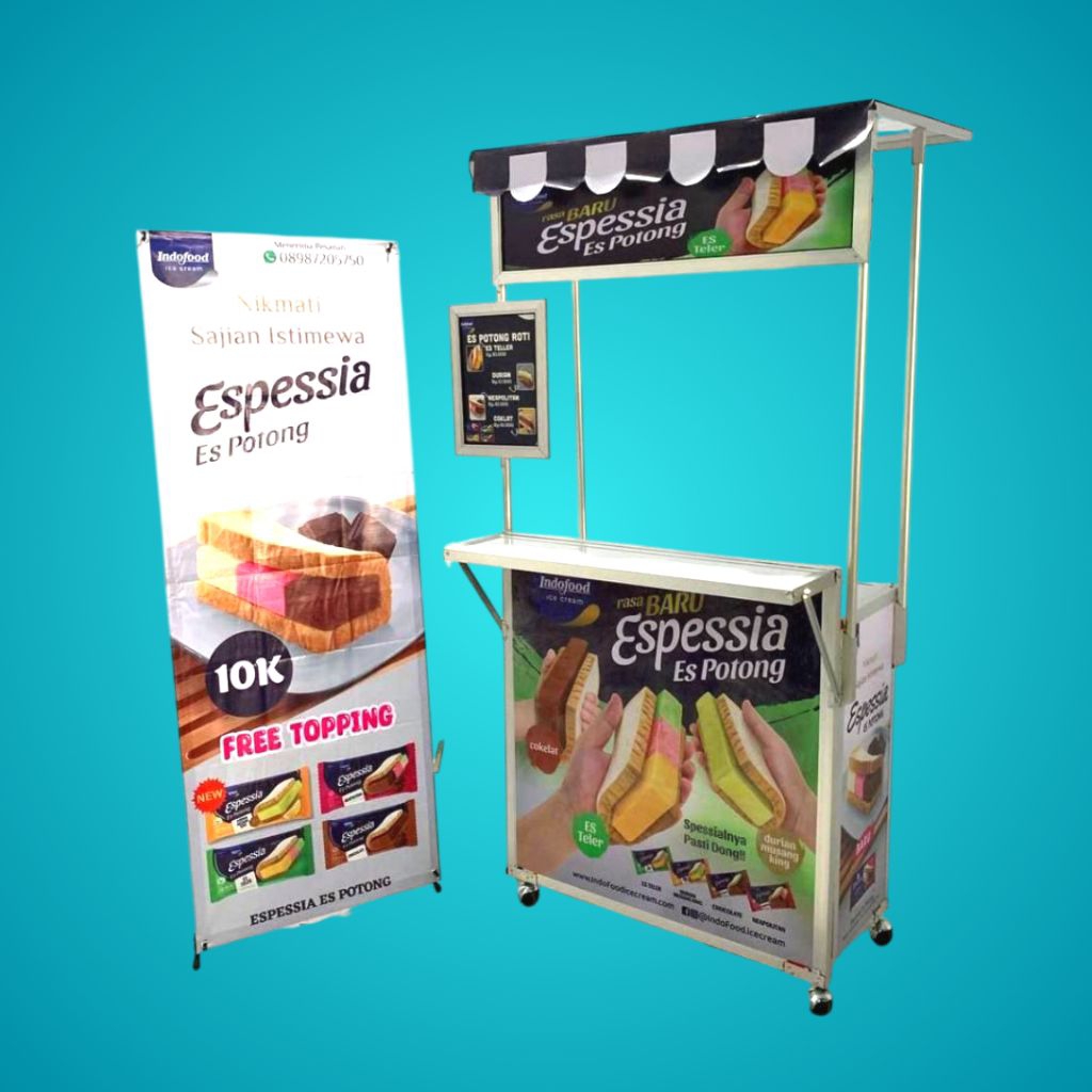 Booth portable Alumunium + Atap + Meja Depan + Menu / Meja Jualan / Gerobak Lipat