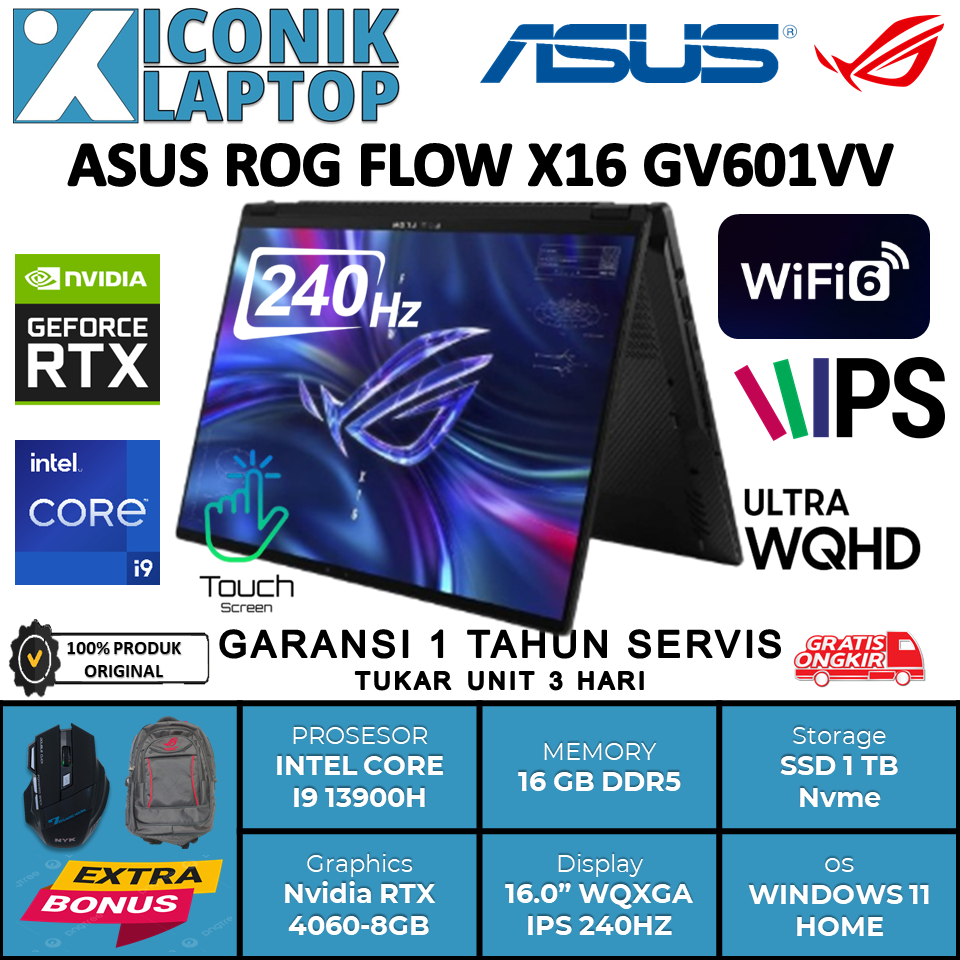 ASUS ROG FLOW X16 GV601VV Intel i913900H 16GB DDR5 1TB SSD RTX 4060 8GB 16.0 WQHD 240HZ Touch 2in1