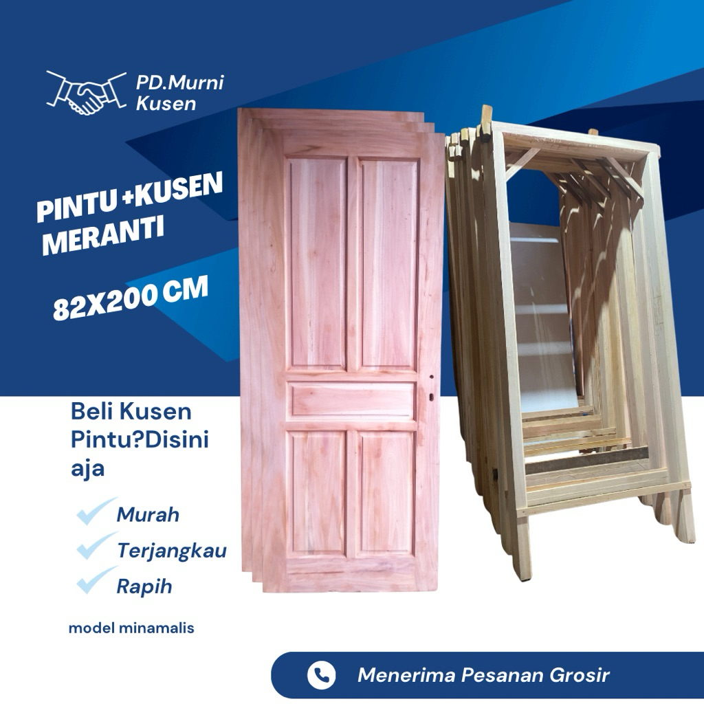 Set Daun Pintu + kusen kayu Meranti merah Free Engsel