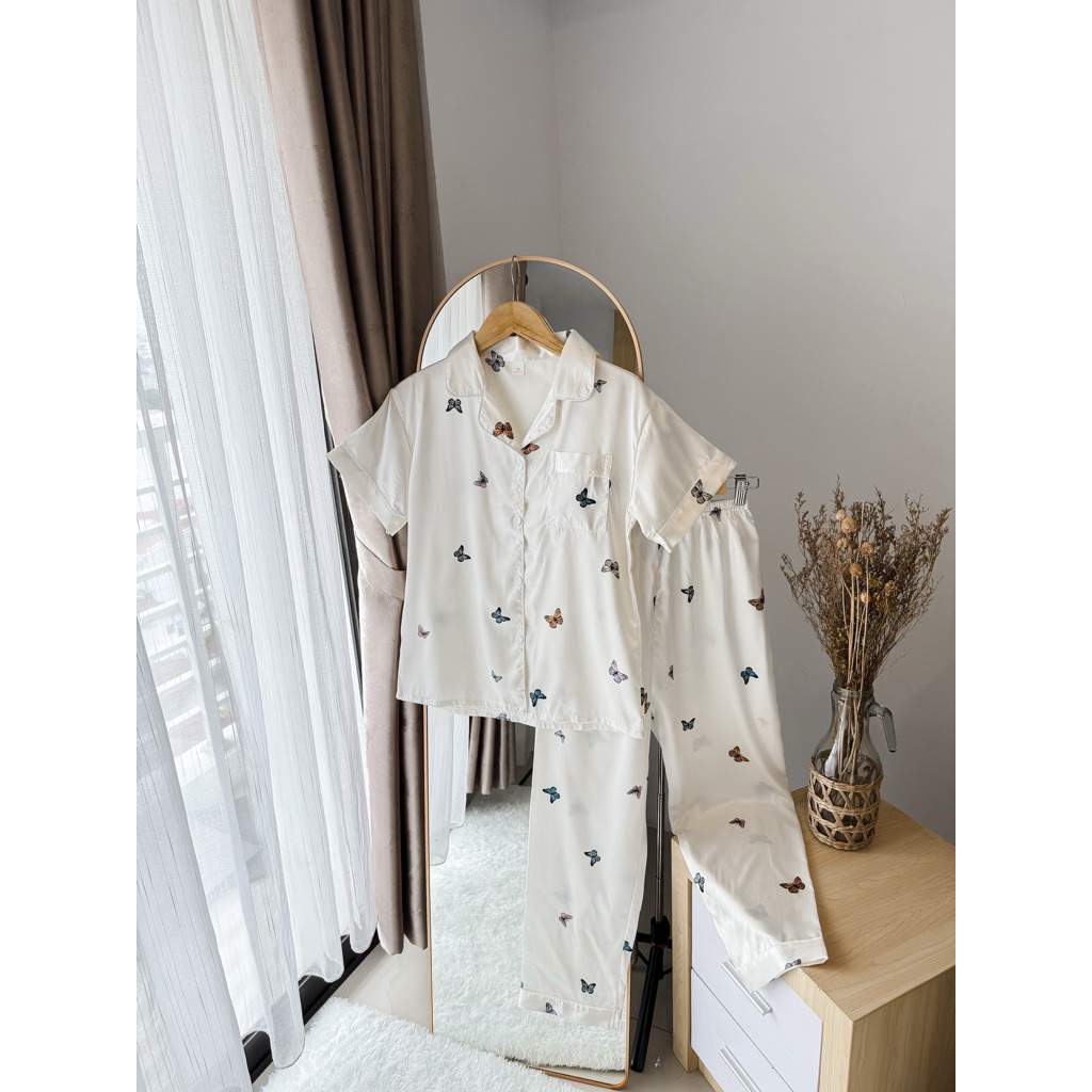 Na-Bi set piyama wanita piyama lengan pendek celana panjang satin cantik Ukuran M & L Nyaman Untuk T