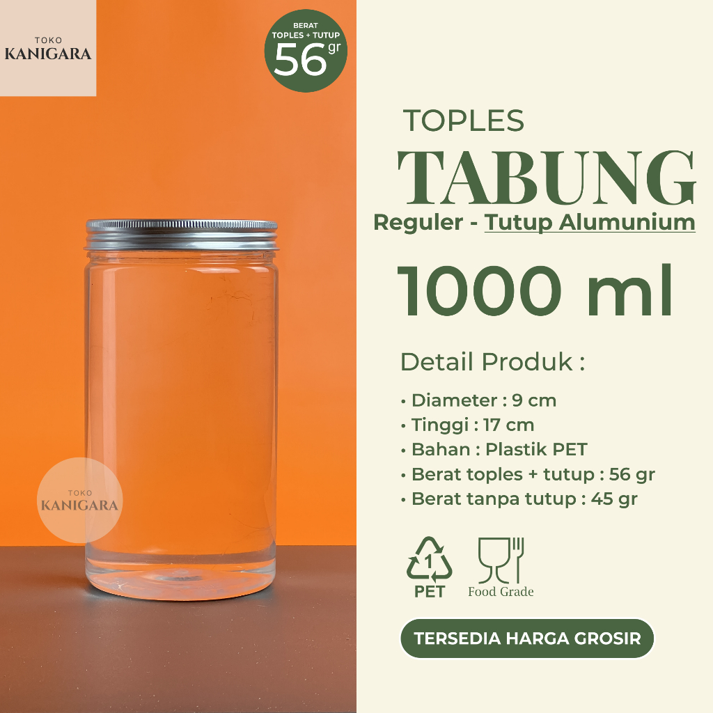 Toples Tabung 1000 ml REGULER - TUTUP ALUMUNIUM - Toples plastik 1000ml GROSIR - Kuker, Hampers