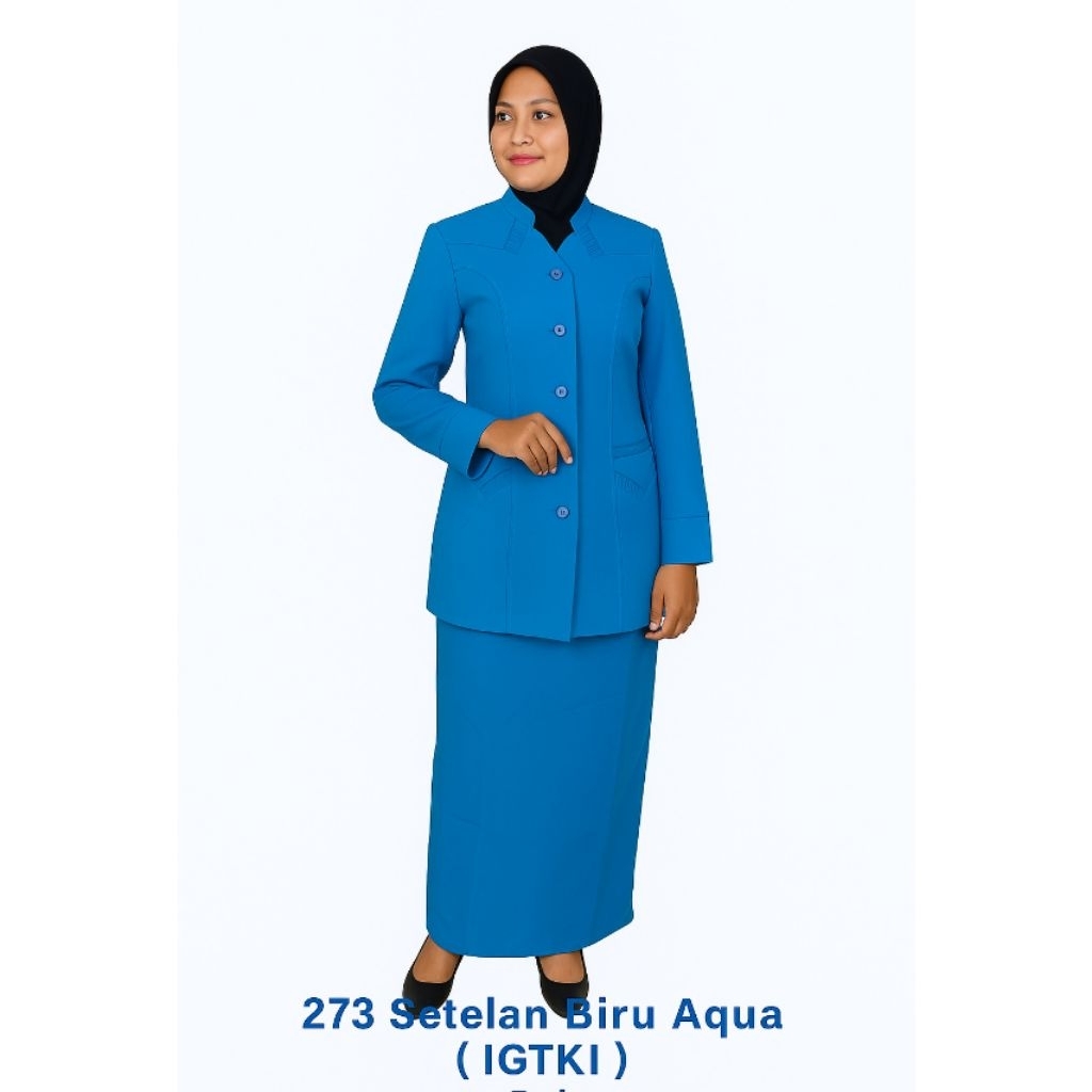 Setelan Seragam IGTKI Biru Aqua Wanita Rok Panjang Baju Kerja Guru Ukuran S - 5L